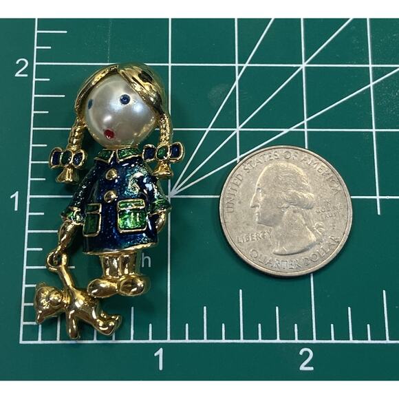 Vintage Carolee Enamel Girl Pig Tails Dangling Bear Gold Tone Costume Brooch - Picture 9 of 10